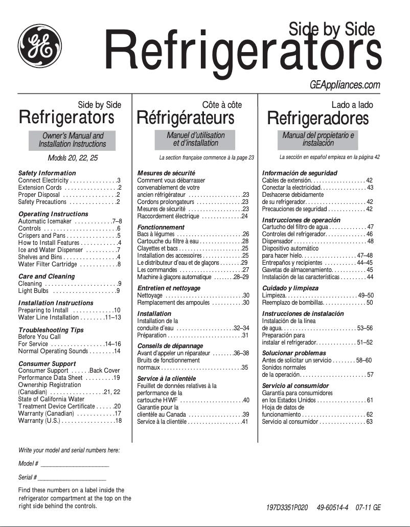 Page 1 de la notice Manuel d'utilisation et d'entretien GE GSH25JGCWW