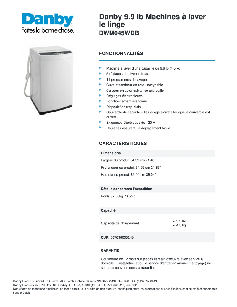 Page n°1 - Fiche technique Danby DWM045WDB