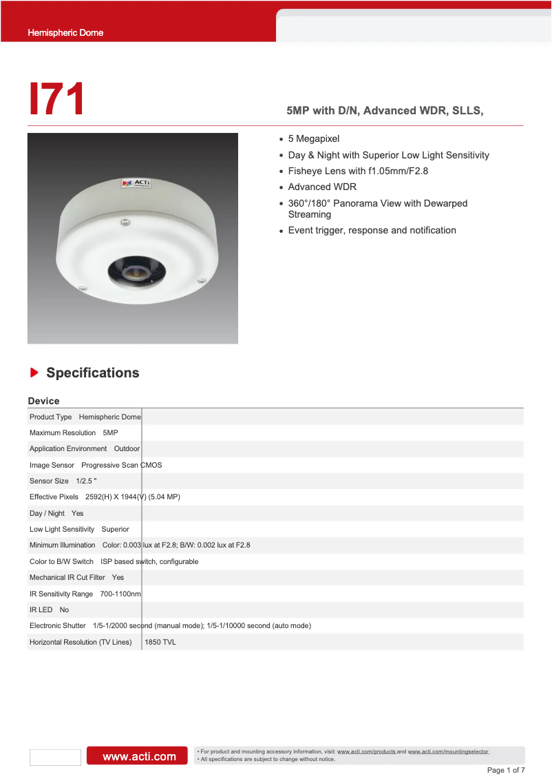 Page 1 de la notice Fiche technique ACTi I71