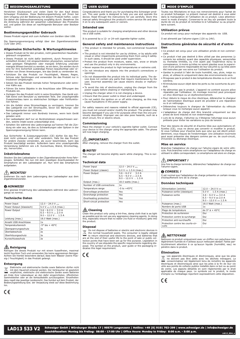 Page 1 de la notice Manuel utilisateur Schwaiger LAD13 533