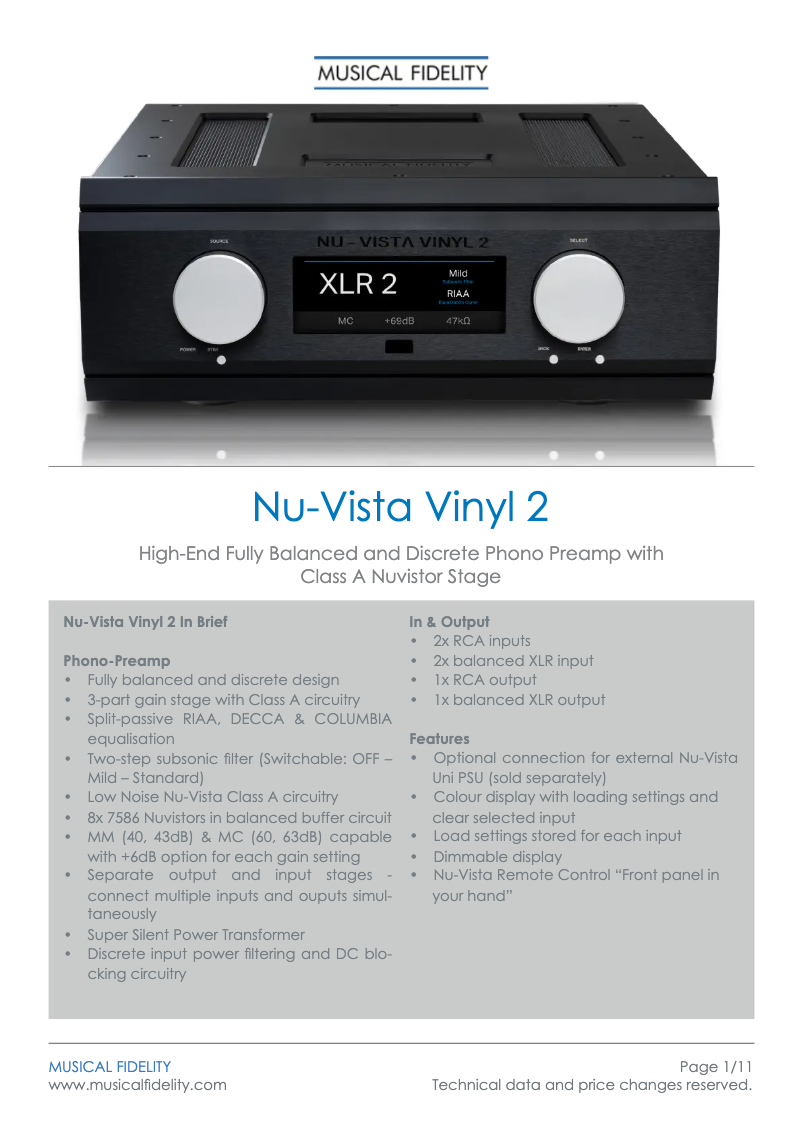 Página 1 del manual Ficha técnica Musical Fidelity Nu-Vista Vinyl 2