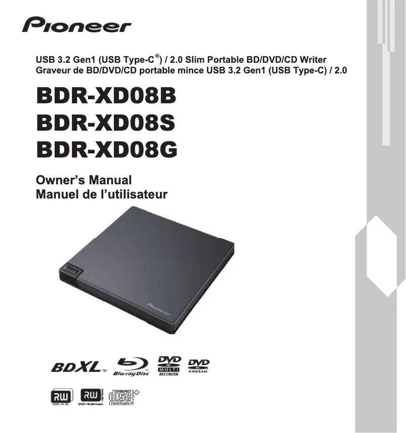 Page 1 de la notice Manuel utilisateur Pioneer BDR-XD08B