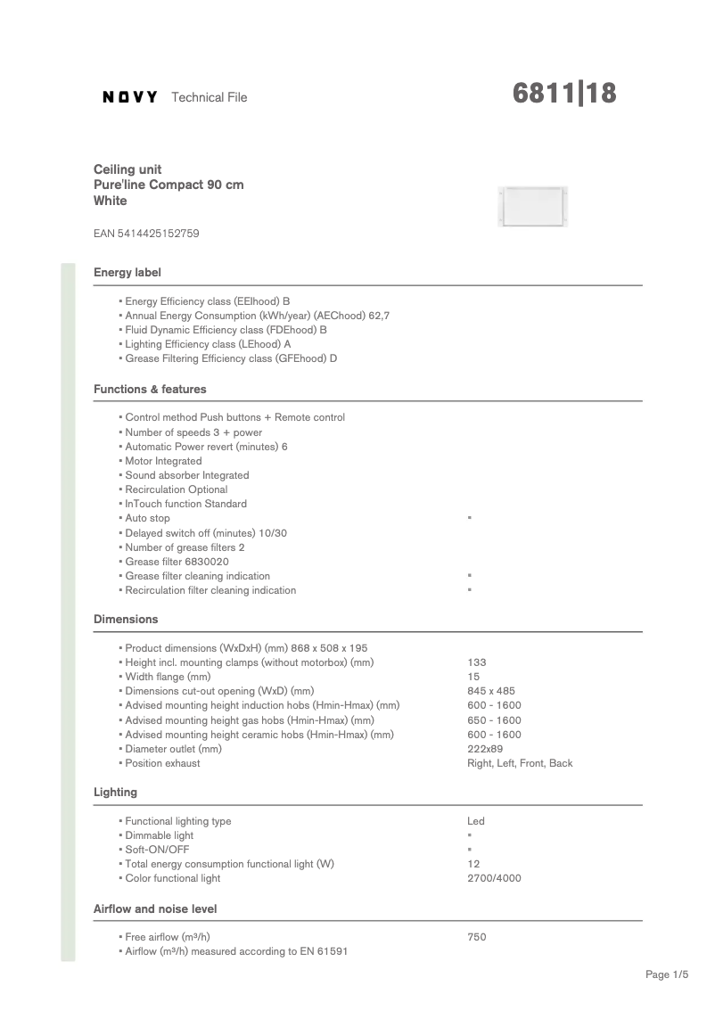 Page 1 de la notice Fiche technique Novy Pure'line Compact 6811