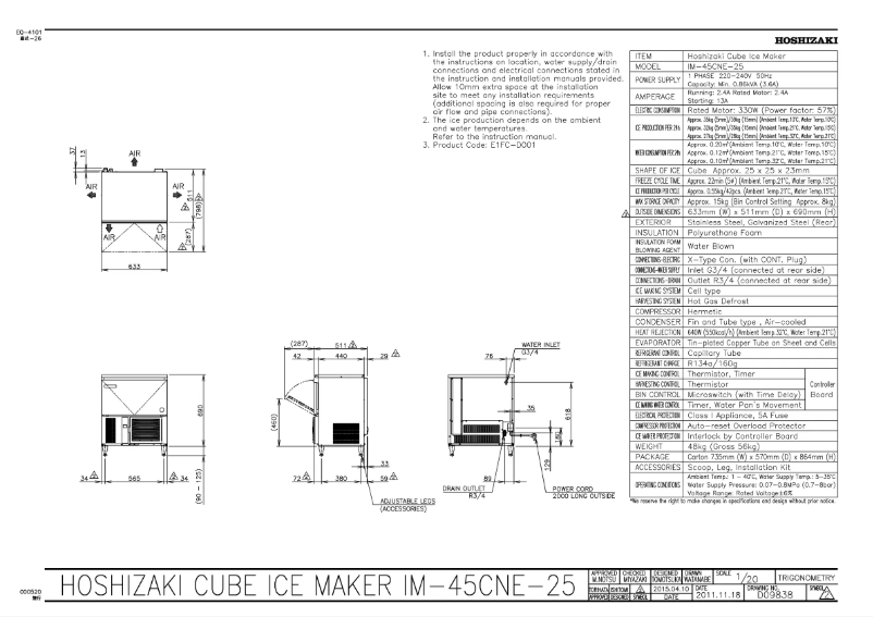 Page 1 de la notice Fiche technique Hoshizaki IM-45CNE