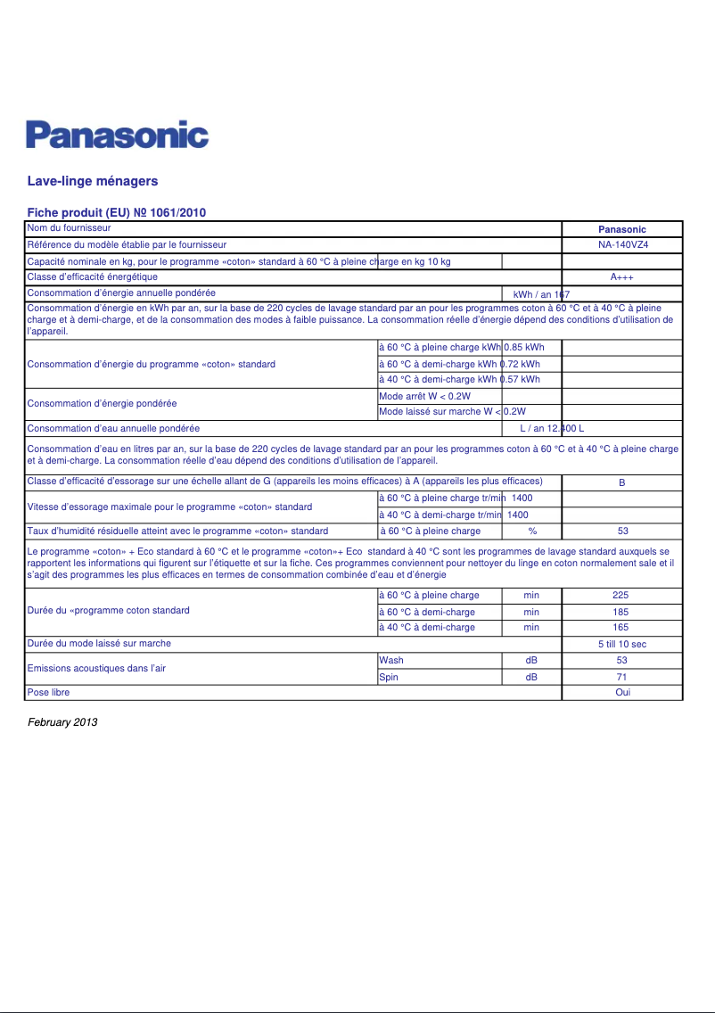 Page 1 de la notice Fiche technique Panasonic NA-140VZ4