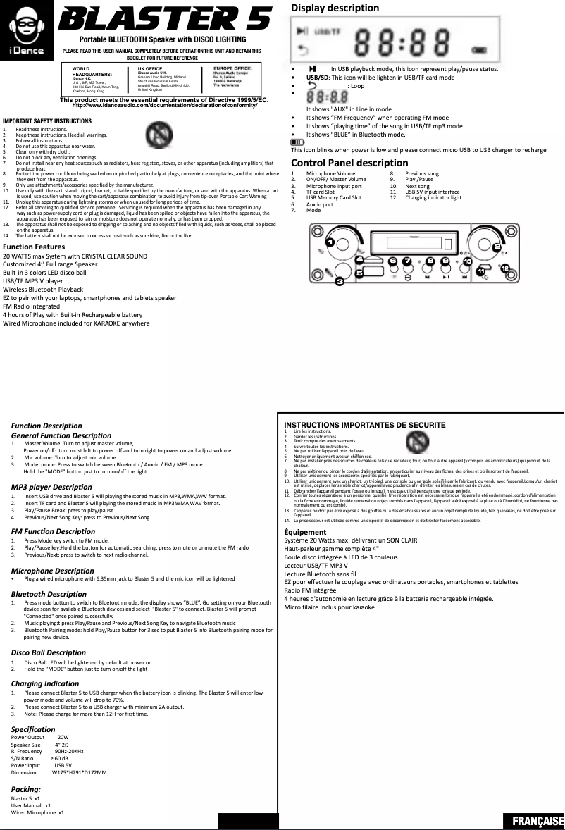 Page n°1 - Manuel utilisateur iDance Party Box BLASTER 5