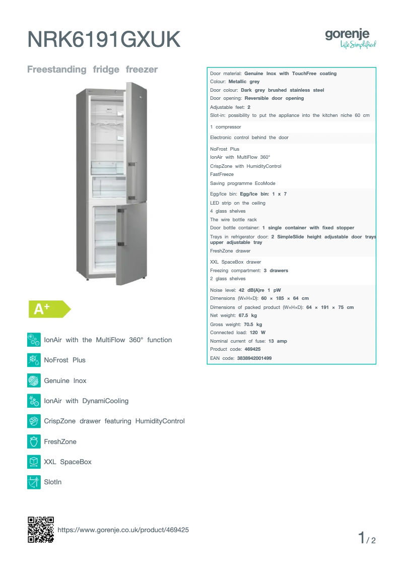 Page n°1 - Fiche technique Gorenje NRK6191GXUK