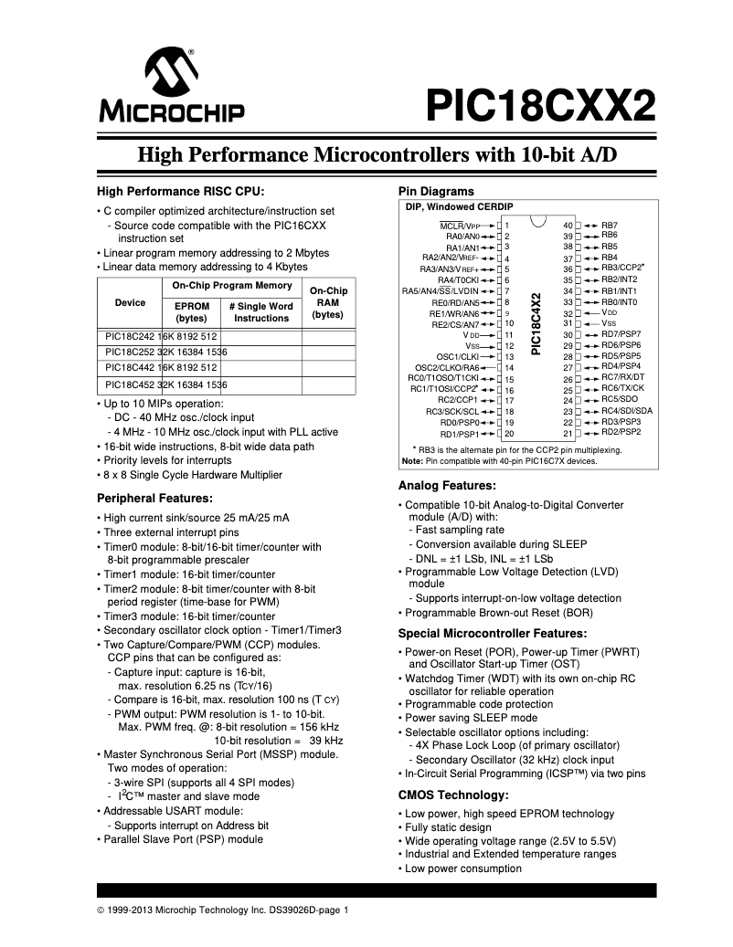 Page 1 de la notice Fiche technique Microchip PIC18C452