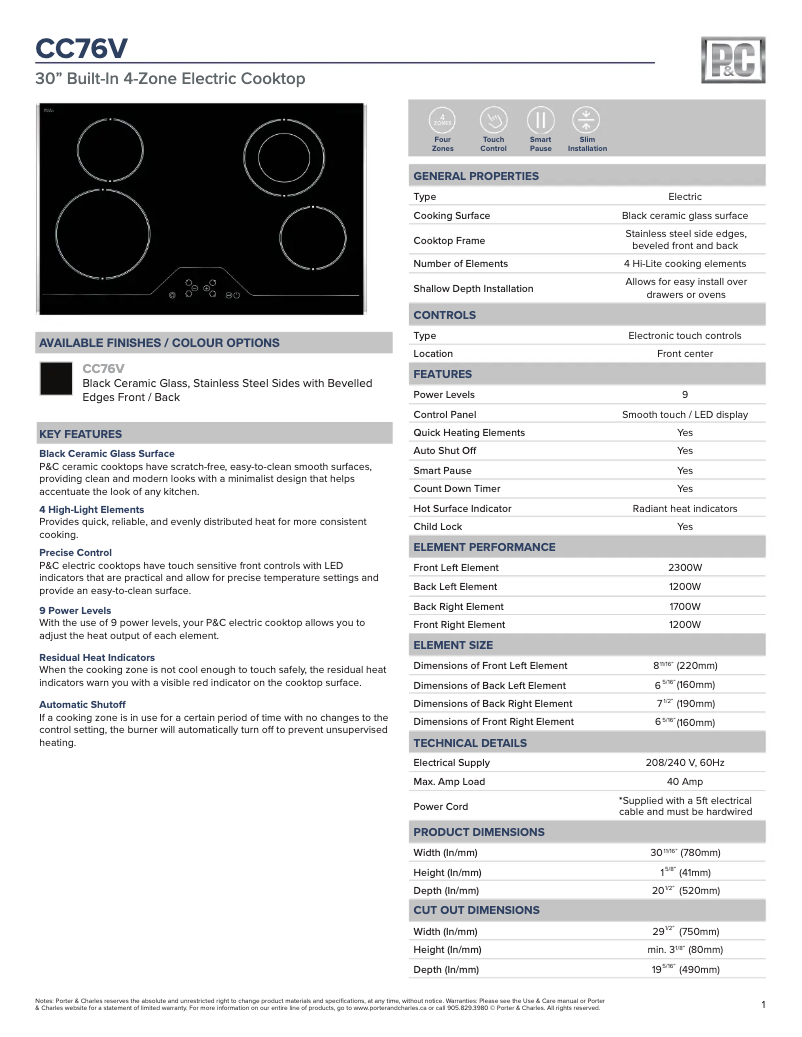 Page 1 de la notice Fiche technique Porter & Charles CC76V