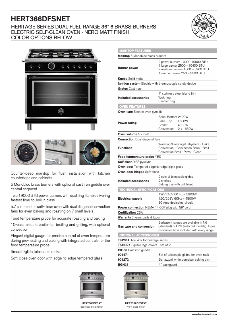 Page 1 de la notice Fiche technique Bertazzoni HERT366DFSAVT
