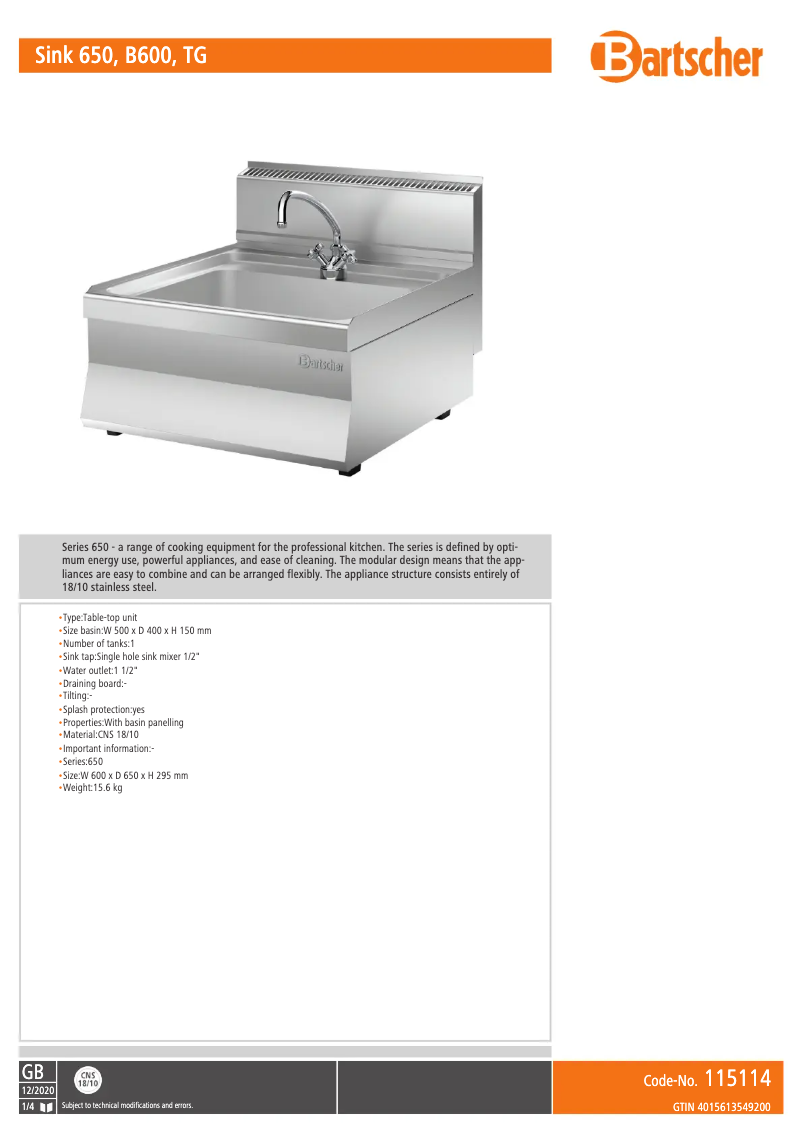 Page n°1 - Fiche technique Bartscher 115114