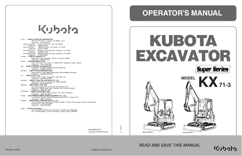 Page 1 de la notice Manuel utilisateur Kubota KX71-3HGLS
