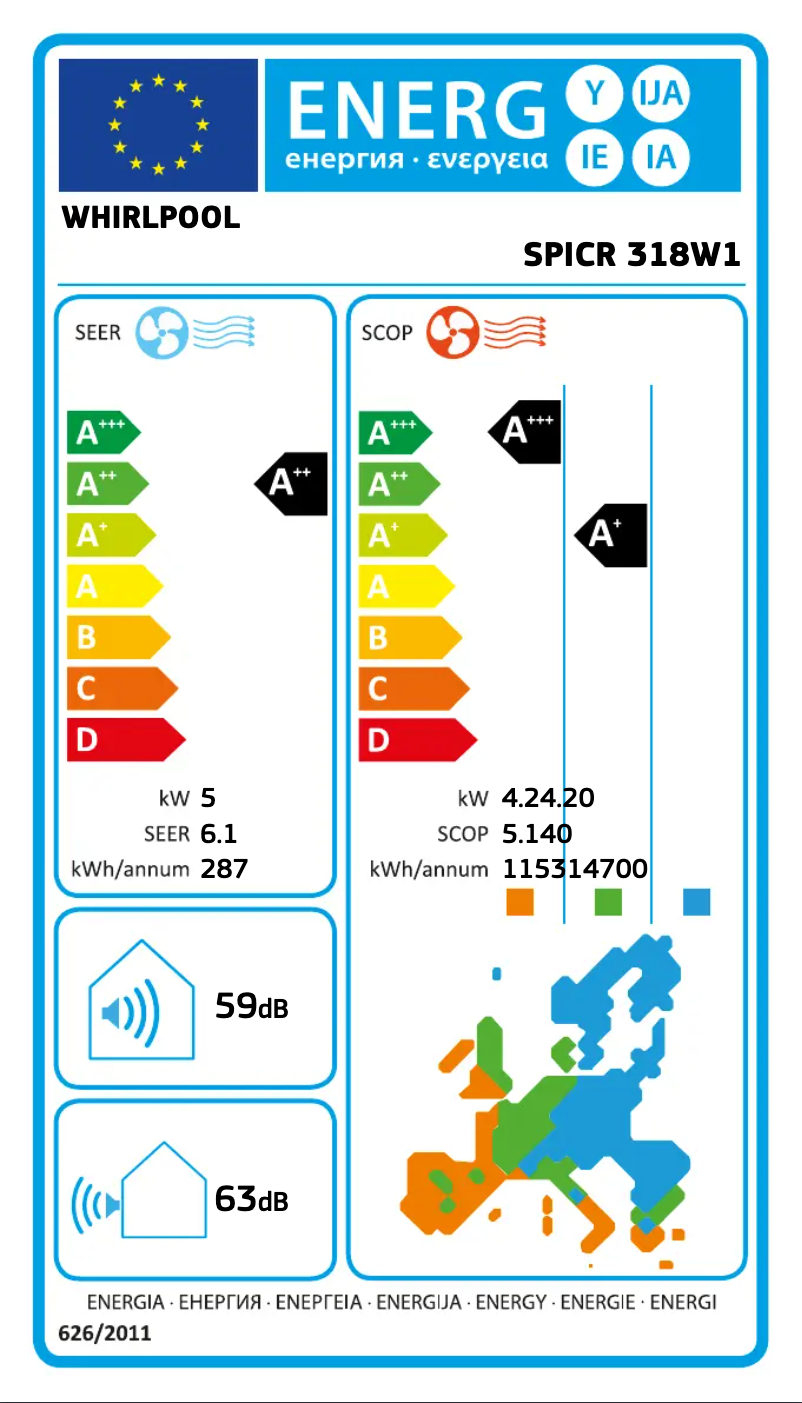 Page 1 de la notice Label énergétique Whirlpool SPICR 318W1