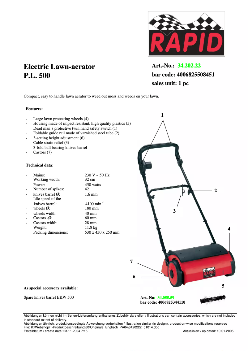 Image de la première page du manuel de l'appareil P.L. 500