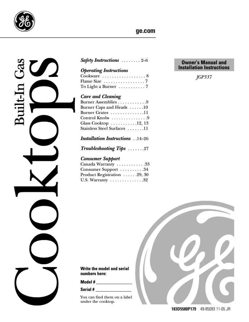 Page 1 de la notice Guide d'installation GE JGP337CEJCC