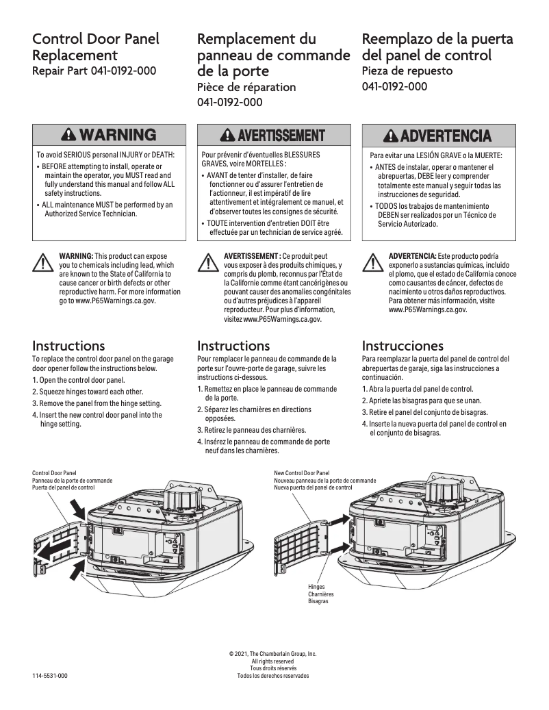 Page 1 de la notice Manuel utilisateur Chamberlain 041-0192-000