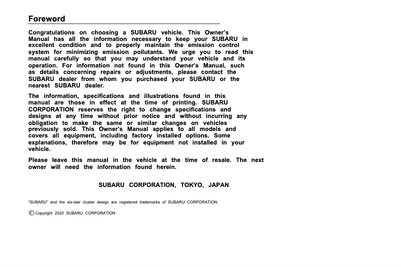 Page 1 of the manual User Manual Subaru Outback (2021)