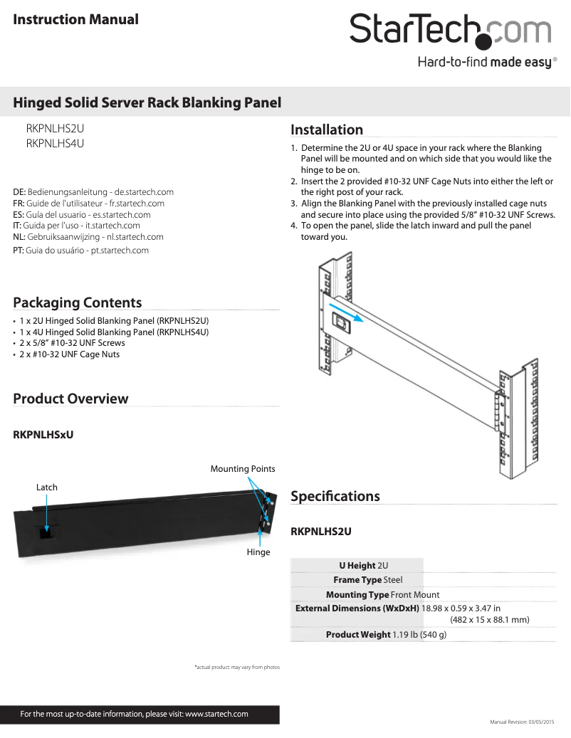 Page n°1 - Manuel utilisateur StarTech.com RKPNLHS4U