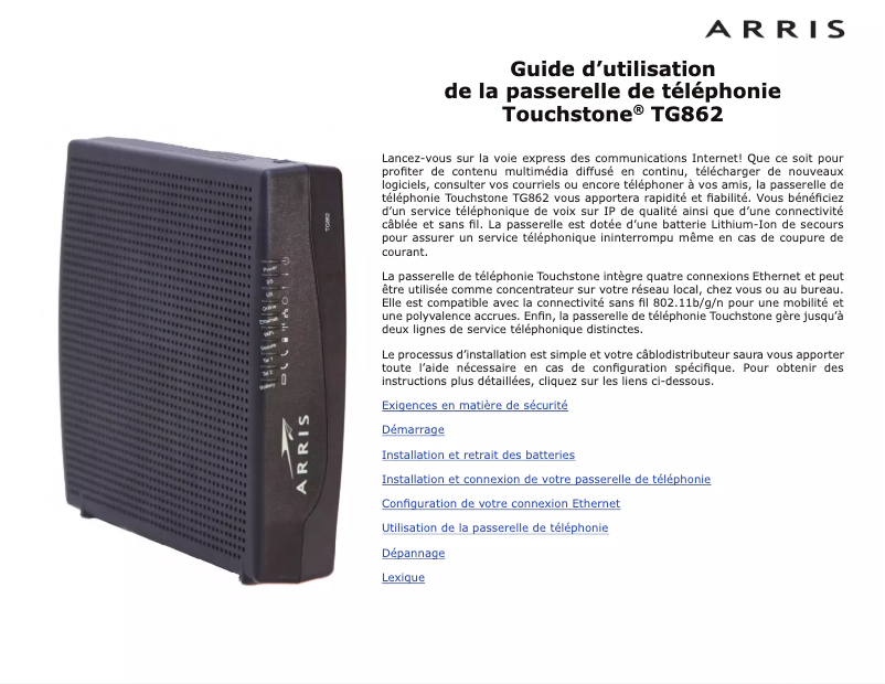 Image de la première page du manuel de l'appareil Touchstone TG862