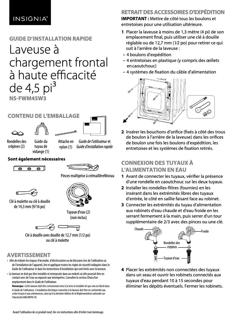 Page 1 de la notice Guide de démarrage rapide Insignia NS-FWM45W3