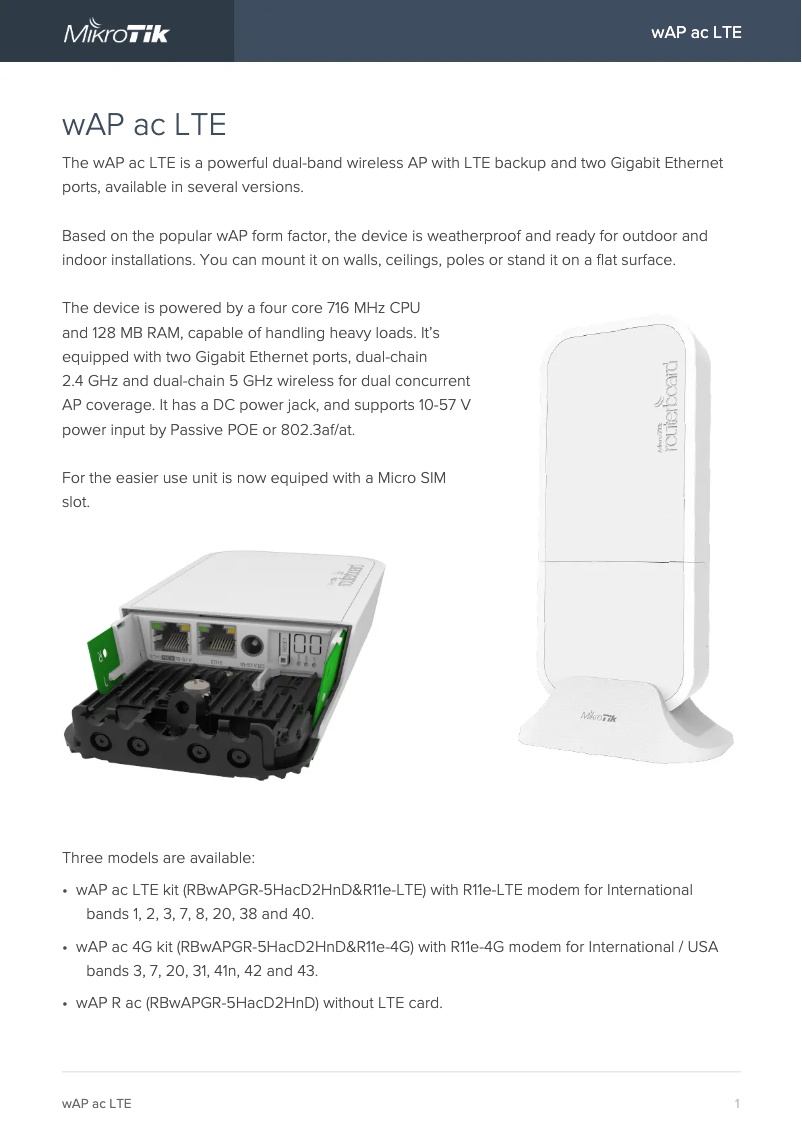 Page 1 de la notice Brochure Mikrotik wAP R ac