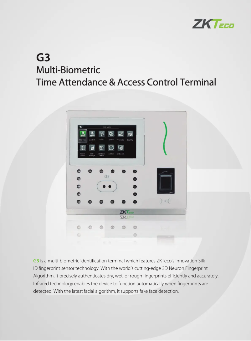 Page 1 de la notice Fiche technique ZKTeco G3