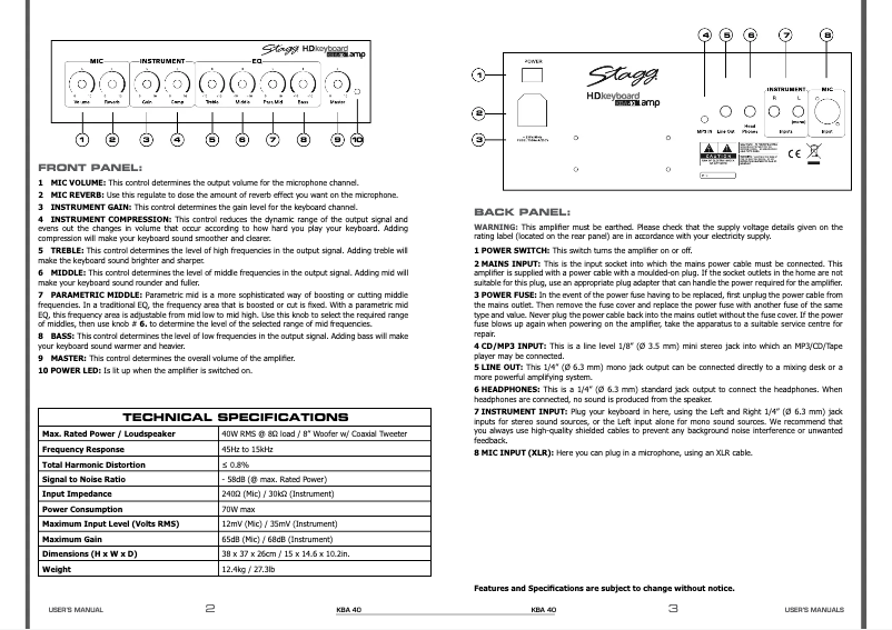 Page n°1 - Manuel utilisateur Stagg KBA 40