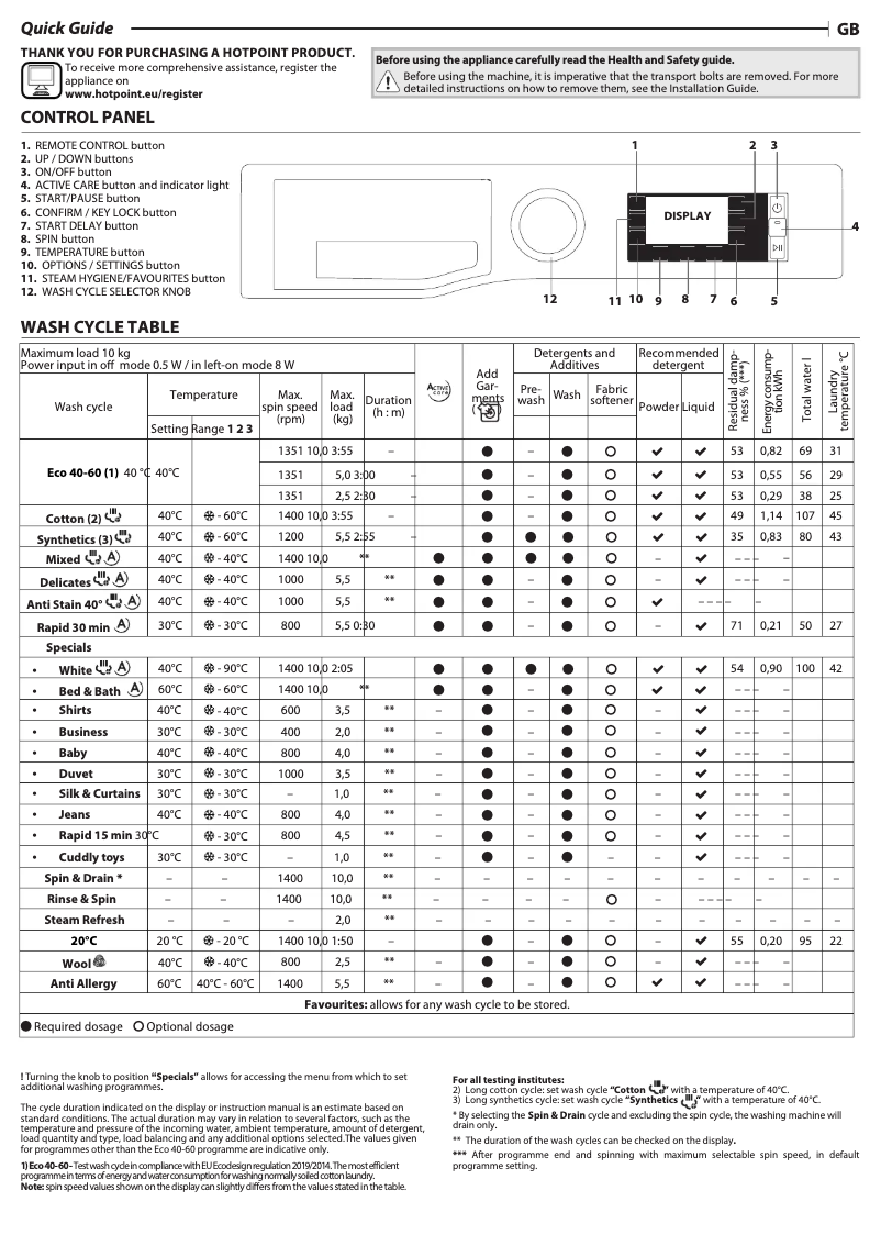 Page 1 de la notice Manuel utilisateur Hotpoint NLLCD 1046 WD AW UK N
