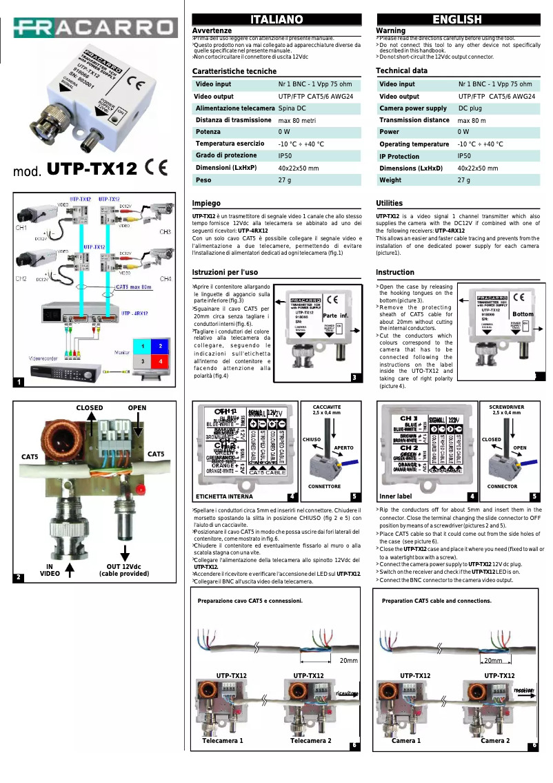 Page n°1 - Manuel utilisateur Fracarro UTP-TX12