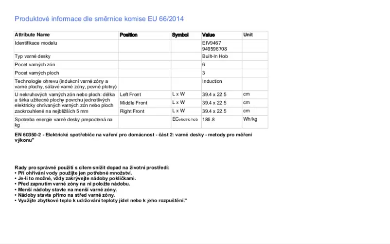 Page 1 de la notice Fiche technique Electrolux EIV9467