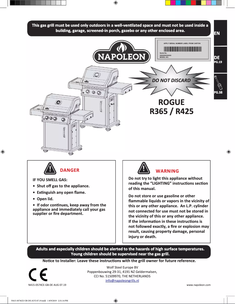 Page n°1 - Manuel utilisateur Napoleon Rogue 365-2