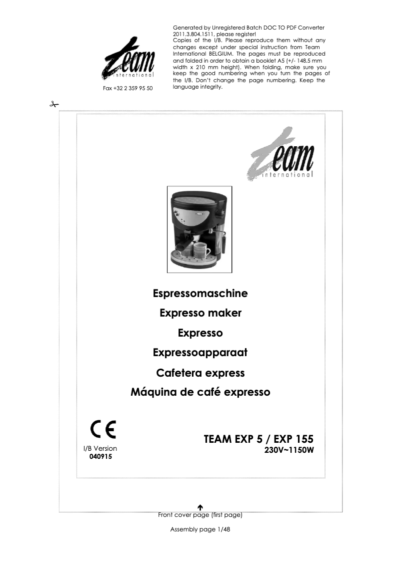 Page n°1 - Manuel utilisateur Team EXP 155