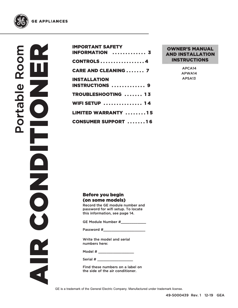 Page 1 de la notice Mode d'emploi GE APCA14YZMW