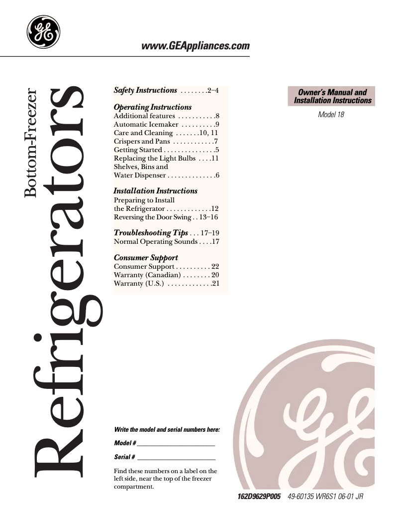 Page 1 of the manual User Manual GE PBE18KZMBB