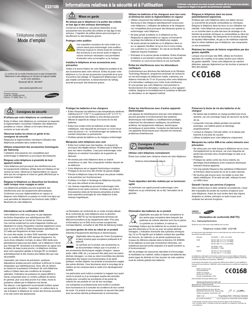 Page 1 de la notice Manuel utilisateur Samsung E2210