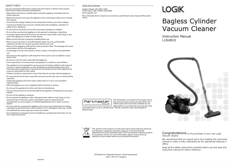 Page 1 de la notice Manuel utilisateur Logik L16VB10