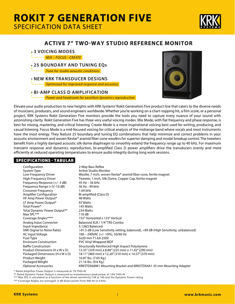 Page 1 de la notice Fiche technique KRK Rokit RP7 G5