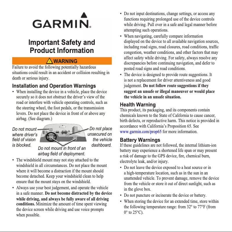 Page 1 de la notice Instructions de sécurité Garmin Nüvi 1100