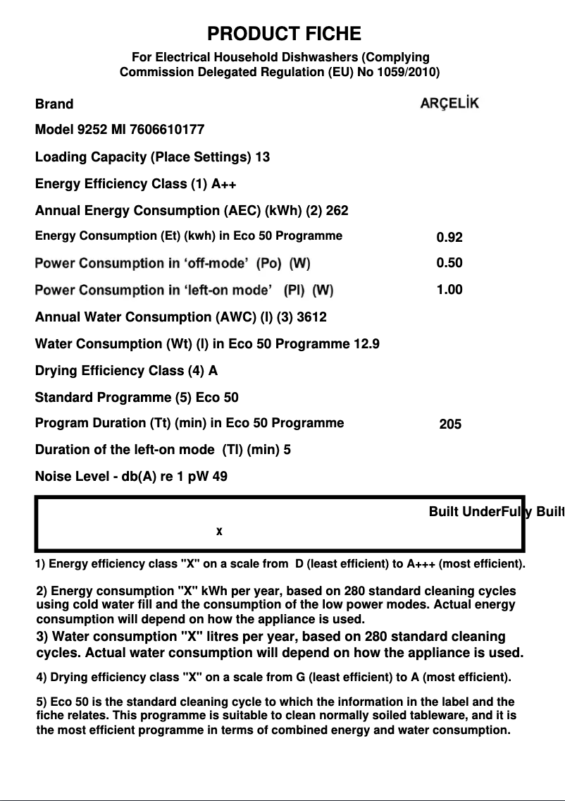 Page 1 de la notice Fiche technique Arçelik 9252 MI