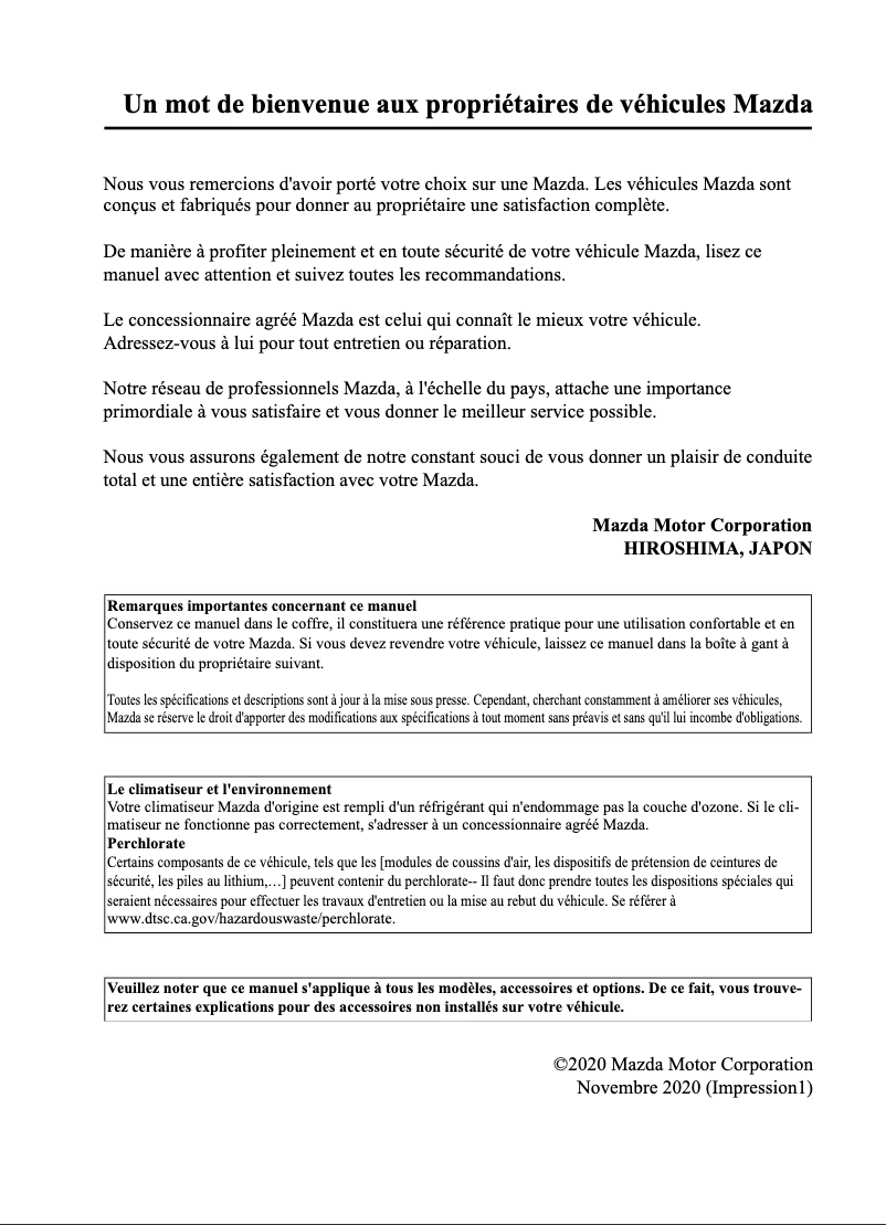 Page 1 de la notice Manuel utilisateur Mazda MX-5 (2021)