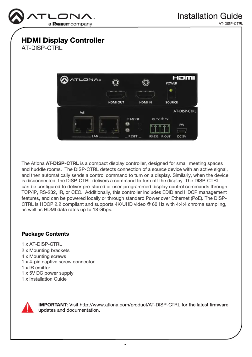 Page 1 de la notice Guide d'installation Atlona AT-DISP-CTRL