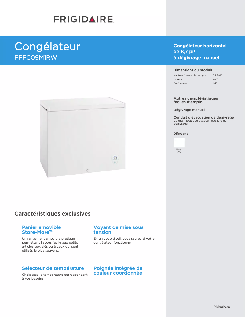 Page 1 de la notice Fiche technique Frigidaire FFFC09M1RW