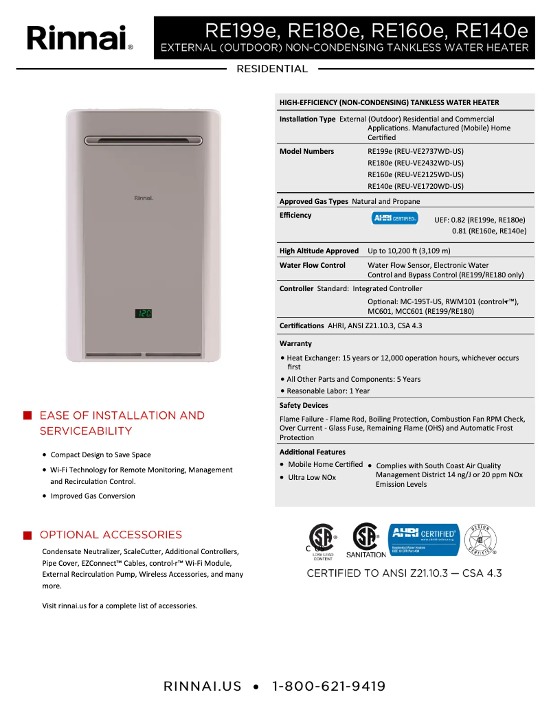 Page 1 de la notice Fiche technique Rinnai RE140eP