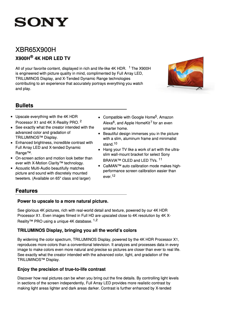 Page 1 de la notice Fiche technique Sony Bravia XBR-65X900H