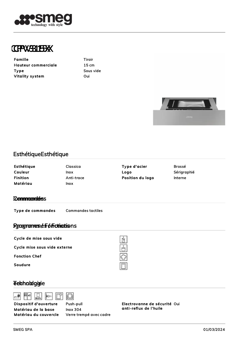 Page 1 de la notice Fiche technique Smeg CPV315X