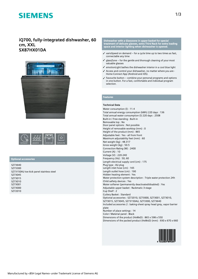 Page 1 de la notice Fiche technique Siemens SX87HX01DA