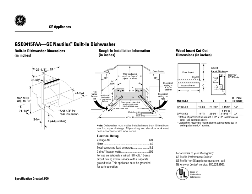 Page n°1 - Fiche technique GE GSD3415FAA