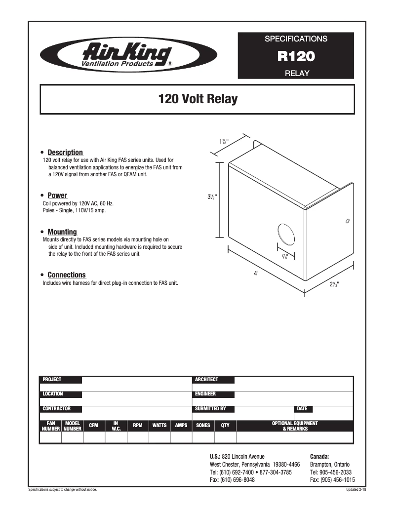 Page 1 de la notice Fiche technique Air King R120