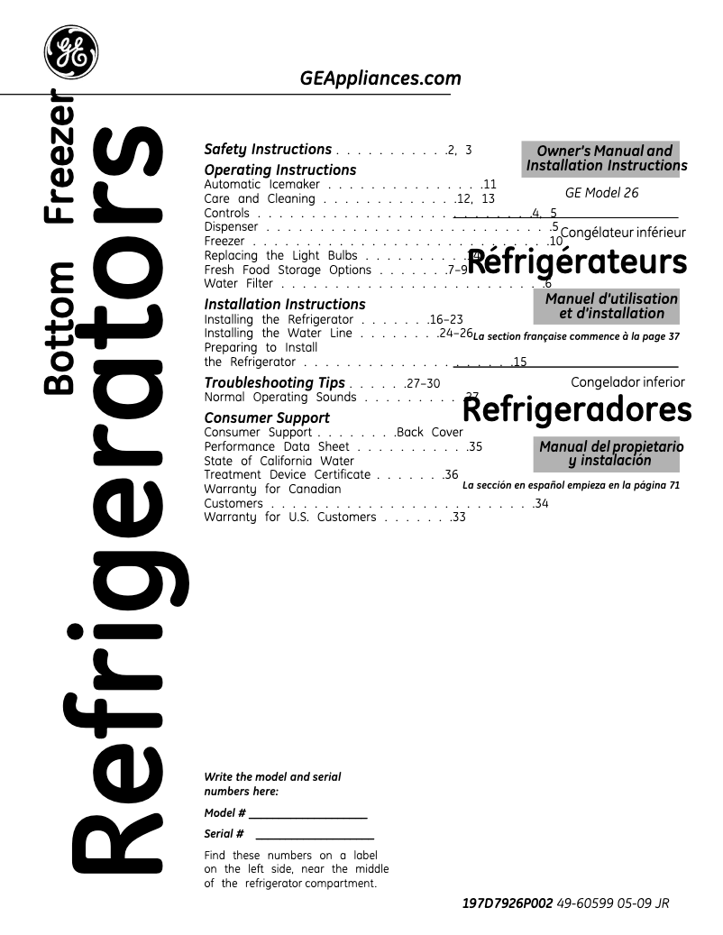 Page 1 de la notice Manuel d'utilisation et d'entretien GE GFSL6KEXLS