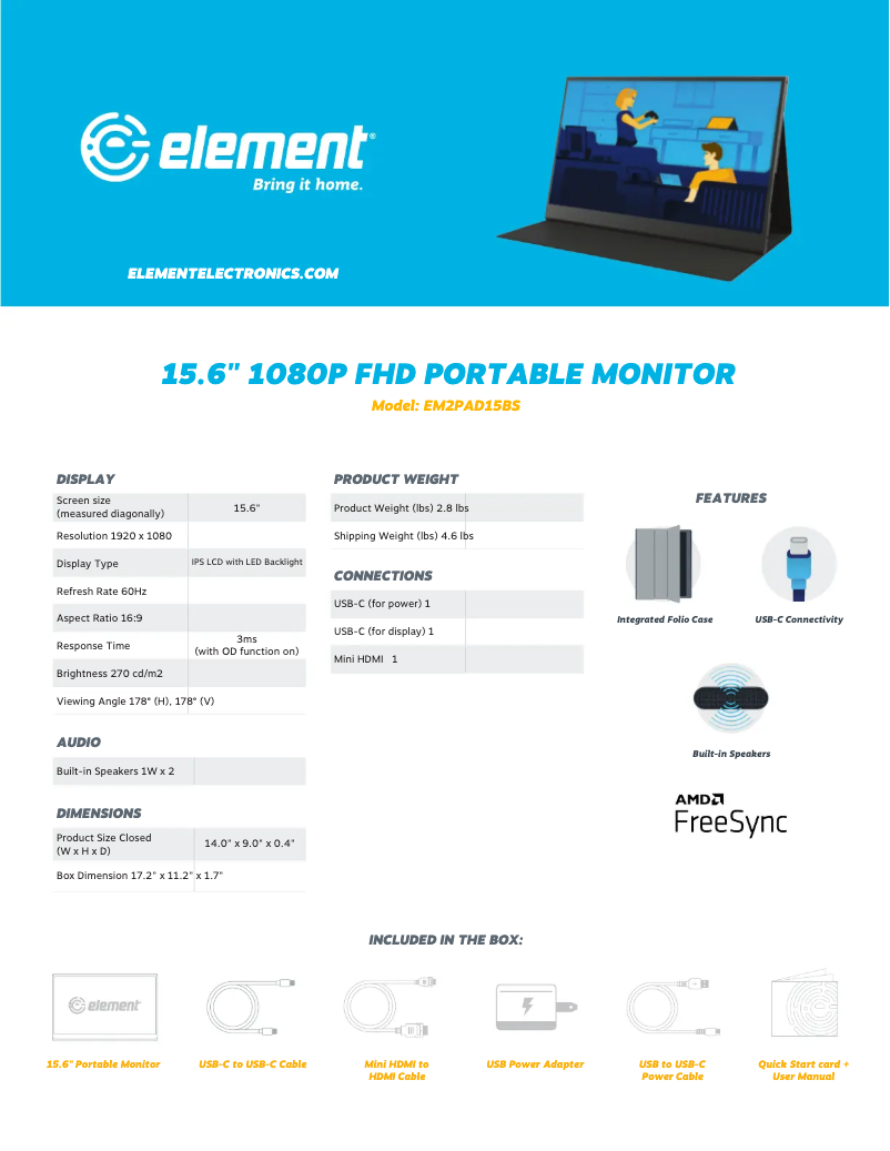 Page 1 de la notice Fiche technique Element EM2PAD15BS